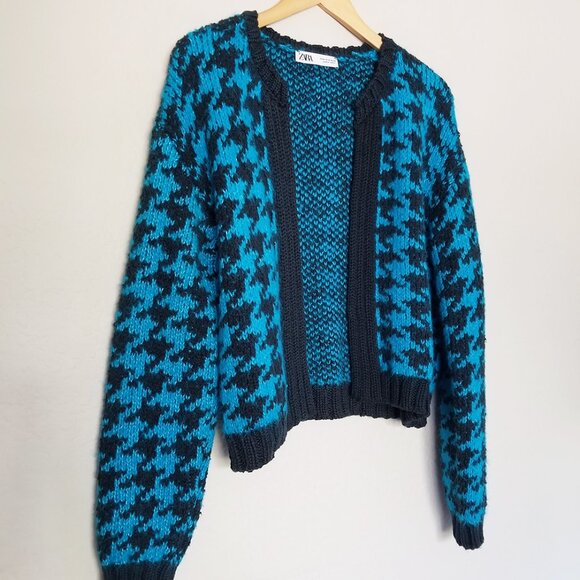 Zara‎ Houndstooth Chunky Blue Black Open Front Cardigan L Slouchy Preppy Casual - Picture 9 of 16